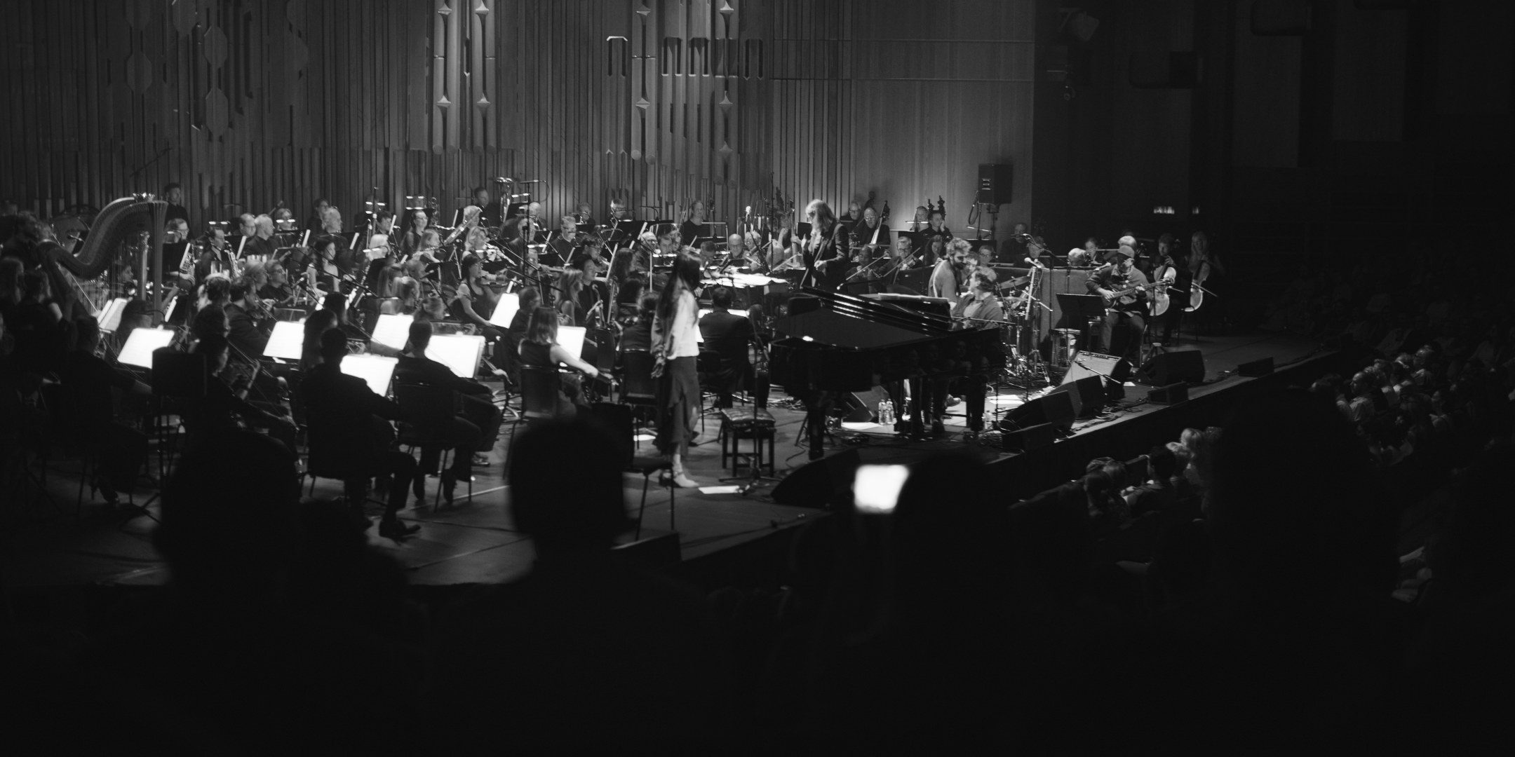 The BBC Symphony Orchestra at rehearsal, seen from above, black and white